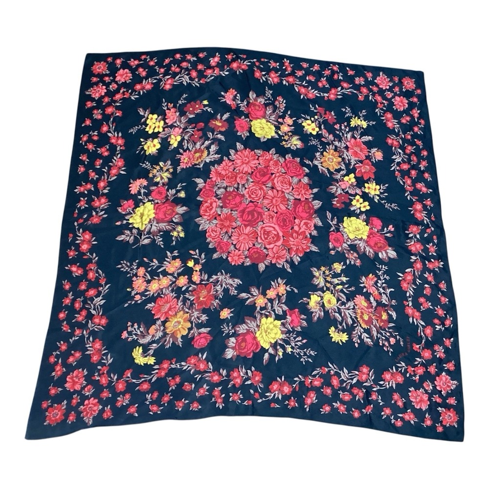 Vtg Laura Ashley 100% Silk Scarf Black Floral Japan Square Handkerchief 34" Sq